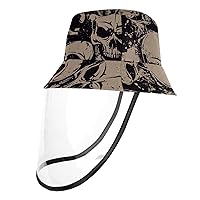 Halloween Black White Skull Pattern Outdoor Cap with Face Shield Sun Protection Fisherman Hats Windproof Dustproof UV Protective Hat for Boys & Girls, 21.2 Inch