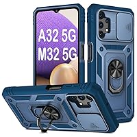 PASNEW for Samsung Galaxy A32 & Samsung Galaxy M32 5G Case,Camera Cover Slide & Charge Port Dust Plug & 360° Kickstand,Military Heavy Duty Full Body Shockproof Multi-Layer Shell for A32,Blue