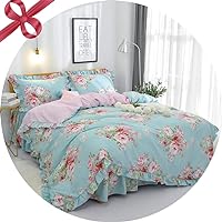 FADFAY Bed Set Farmhouse Shabby Pink Floral Chic Bedding Set Rose Floral Super Soft Bedskirt Set 100% Cotton 600 TC Exquisite Craft Girls Women 4-Piece California King Size