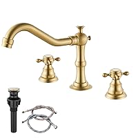 gotonovo 3-Hole Widespread Bathroom Faucet Double Cross Handle Mixer Tap for Bathroom Sink Deck Mount Hot Cold Water Matching Pop Up Drain with Overflow Brushed Gold Victorian Spout