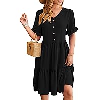 Ruched Dresses for Women 2024 Solid Color Casual Elegant Trendy Pretty with Button Short Sleeve V Neck Dress