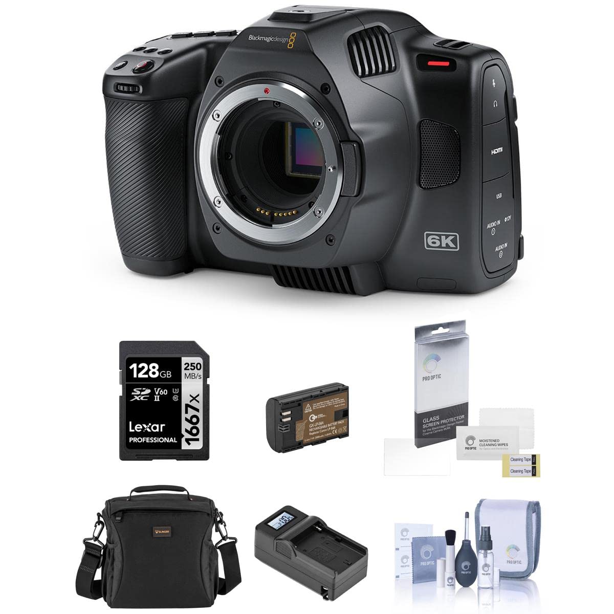 Blackmagic Design Pocket Cinema Camera 6K G2 Bundle with 128GB SD Card, Shoulder Bag, Charger, Extra Battery, Screen Protector, Cleaning Kit