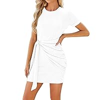 Women 2024 Summer Dresses Casual Short Sleeve Knit Ruched Mini Dress Sleeveless Bodycon Club Tank Dress Beach Sundress