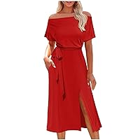 Off The Shoulder Dress for Women Summer Casual Solid Short Sleeve Tie Waist Tshirt Dress Side Split Midi Dresses with Pockets