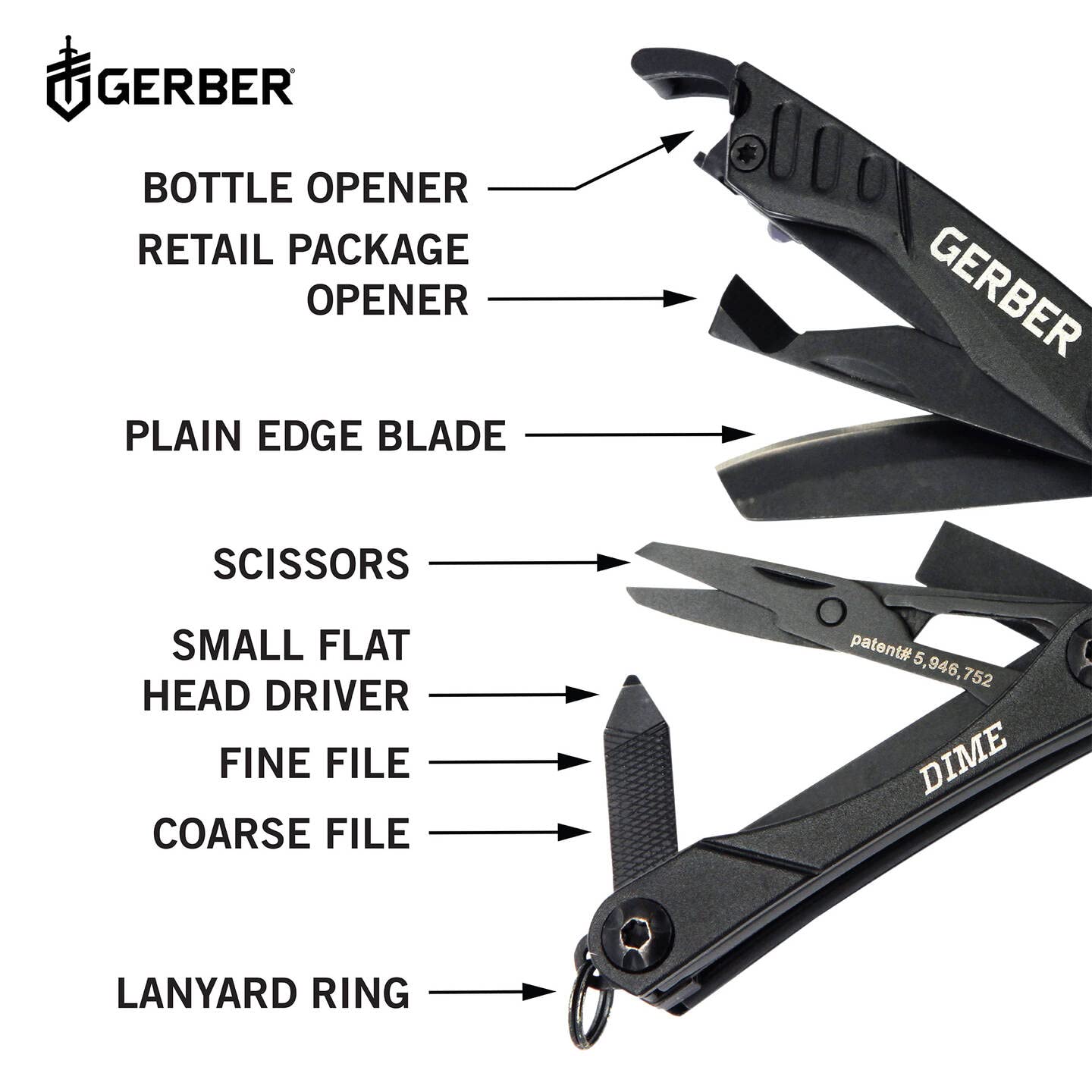 Gerber Gear 30-000469N 12-in-1 Dime Multitool Mini, Needle Nose Pliers Pocket Knife Keychain, Bottle Opener, EDC Gear, Black