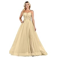 Women's Strapless Prom Dresses Long Sparkly Tulle 3D Applique Formal Dress with Pocket