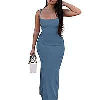 Adogirl Women's Sexy Summer Slip Dress Spagetti Strap Ribbed Stretch Vacation Beach Bodycon Fishtail Long Maxi Sundress