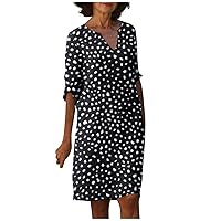 Short Sleeve Pub Shift Dresses Women Classic Summer V Neck Button Down Tunic Dress Lady Cotton Comfy Print Black 3XL
