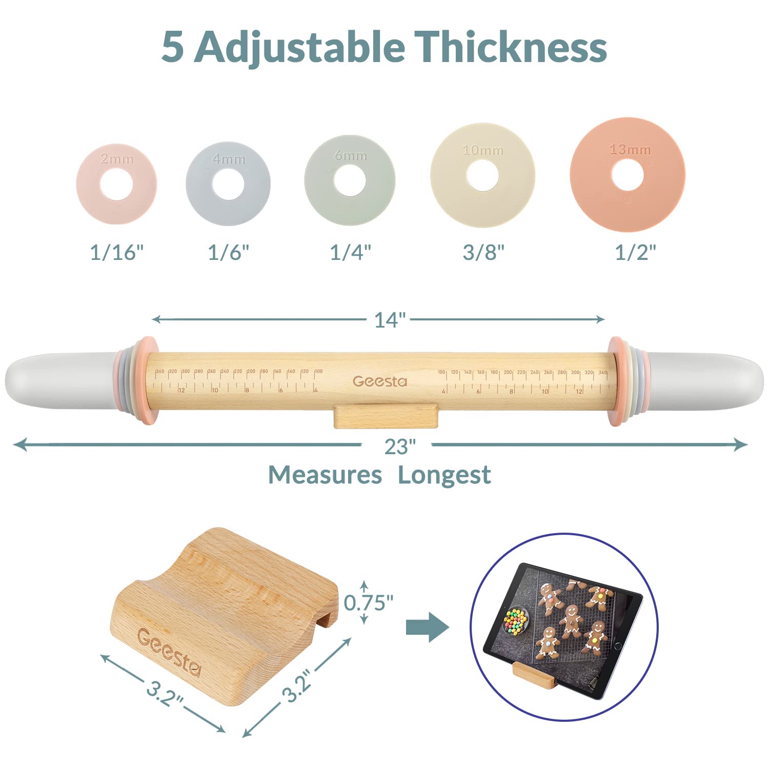 Geesta Adjustable Wood Rolling Pin with 5 Thickness Rings, Precise Dough Roller Handle Press Design with Measurement Guide for Fondant, Pizza, Pie Crust, Cookie, Pastry Baking Decorating Accessories