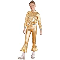 FEESHOW Kids Girls Metallic Long Sleeve Jacket with High Waist Bell-bottoms Pants for Jazz Dance Performance Competition