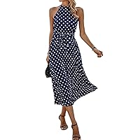 Summer Dresses for Women 2023 Polka Dot Print Pleated Hem Belted Halter Dress