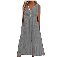 Women Summer Dresses Solid Eyelet Long Dress Button Down Sleeveless Sundress Loose V-Neck Tank Dress Cover Ups with Pockets