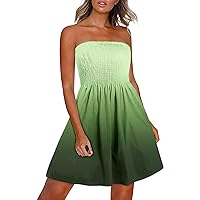 Women Smocked High Waist Gradient Bandeau Dresses Strapless Backless Casual Fashion Summer Flowy A-Line Beach Dress