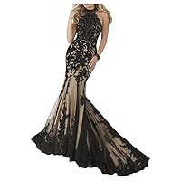Sexy Mermaid Halter Backless Applique Evening Dress Occasion Gown Size 12- Black and Champagne