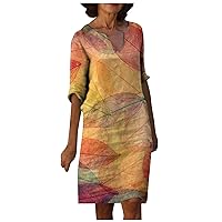 Women Casual Map Print Mid-Sleeve Shift Dresses Mid-Sleeve V-Neck Stitching Loose Midi Dress