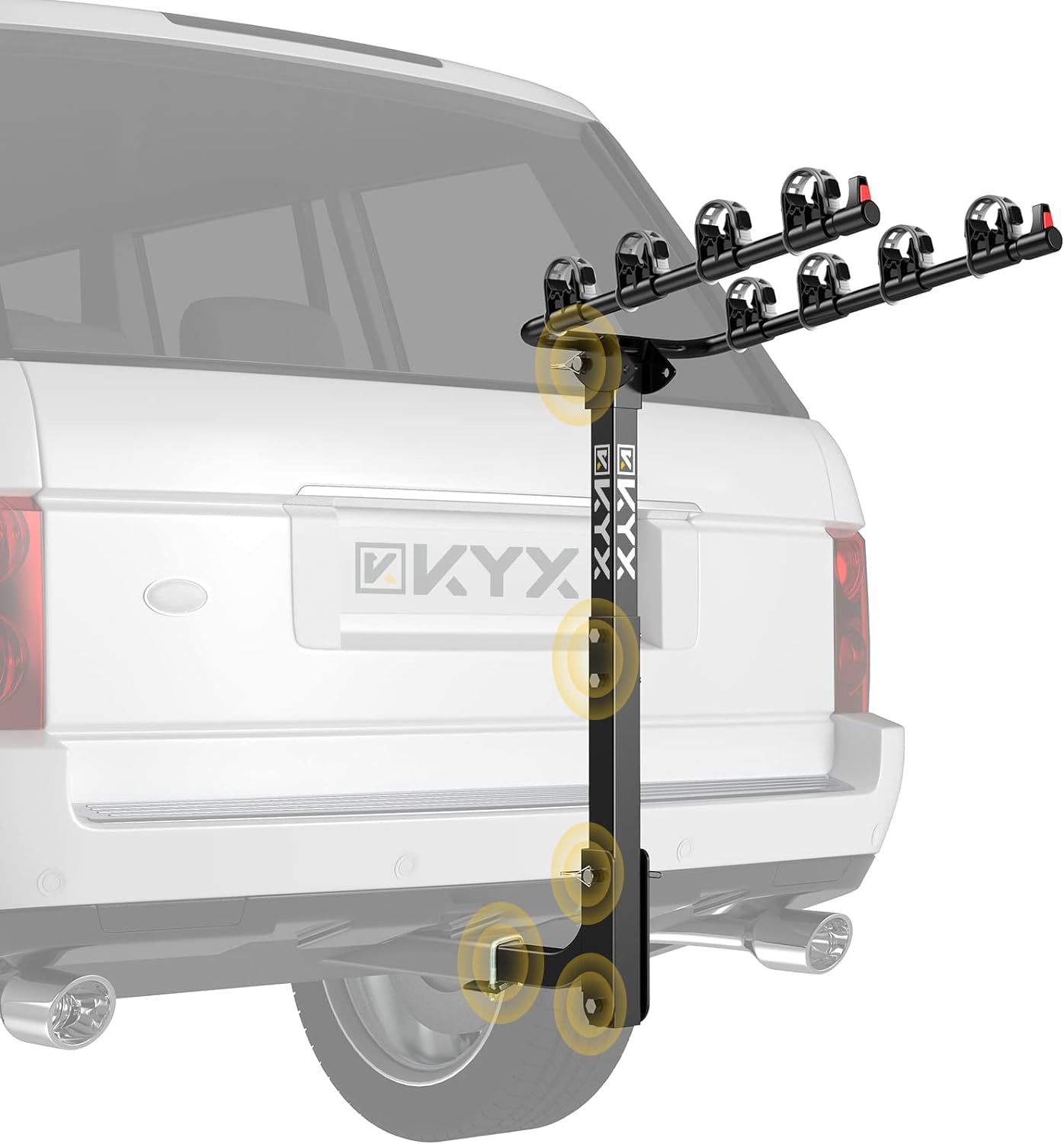 KYX Bike Rack Hitch Mount 4 Bikes, Bike Rack for Car, SUV, RV Up to 143 lbs Load, Bicycle Car Racks Carrier with No-Wobble Bolt and Lock Straps, Tilt Release, Easy Assemble Bike Rack for 2'' Receiver
