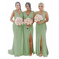 V Neck Bridesmaid Dresses Long with Slit for Women Ruched Chiffon Formal Evening Gowns
