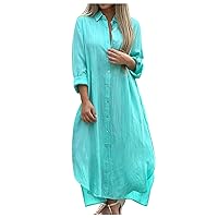 Summer Cotton Linen Kaftan Dress Women Rolled-Up Long Sleeve Button Up Shirt Dresses Split Side Hem Beach Maxi Dress