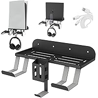 PS5 Wall Mount Kit with Charging, 6-in-1 Playstation 5 (Disc & Digital) Metal Wall Stand with Data Charging Cable/Controller Hanging Bracket/Remote Box/Headset Hanger, w/Non-Slip Mat Black