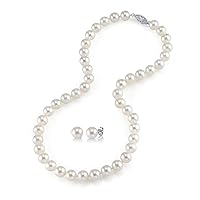 The Pearl Source White Freshwater Pearl Necklace & Earrings Set for Women - Pearl Strand Necklace 14k Gold | 18 inch Long Pearl Necklace & Matching Earrings with Genuine Cultured Pearls, 6.5mm-9.5mm