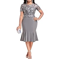 Womens Elegant Embroidery Lace Patchwork Mermaid Fishtail Evening Party Bodycon Midi Dress