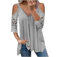 SMIDOW Womens Sexy Zipper v Neck t-Shirt Trendy 2023 Lace Cold Shoulder Tops Casual Loose Flowy Tunic Shirt Blouse