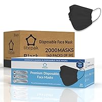 Litepak 2000pcs Disposable Face Masks Black 3-Ply Adult Mask Nose Wire Protection - Breathable Protective Face Covering