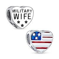 Red White Blue Stripe Holiday American USA Patriotic Flag Words Military Wife Ribbon Star Heart Shape Charm Bead For Women Teens .925 Sterling Silver Fits European Bracelet
