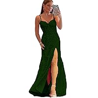 Women's Spaghetti Straps Lace Applique Mermaid Prom Evening Dresses 2023 Mermaid Party Gown with Split