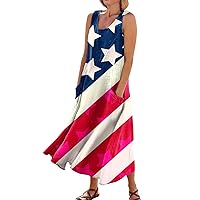 American Flag Dress Women Summer Casual Fashion Printed Sleeveless Round Neck Dress with Pocket