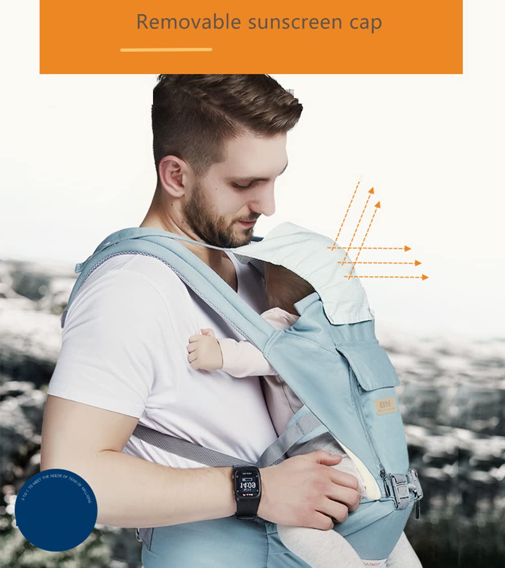 Baby Carrier with Hip Seat，Soft Cotton 6-in-1 Baby Carrier with Waist Stool，Removable Hood，One Size Fits All -Adapt to Infant Newborn for Home, Outdoor, Travel,Blue