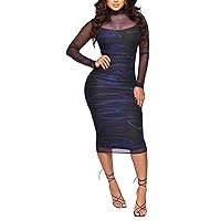Women Sexy See Through Mesh Long Sleeve Ruched Midi Dresses Crop Top Bodycon Skirt 3 Piece Outfits Set Clubwear