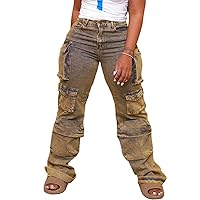 Women's Cargo Pants Y2K High Waisted Baggy Jeans Flap Pocket Wide Leg Denim Pants Streetwear