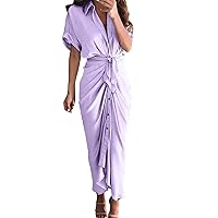 XJYIOEWT Dress with Pockets for Women,Women's Summer Chiffon Long Dress Short Sleeve Temperament Commuting High Waist Lo