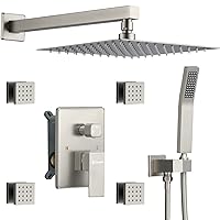Full Body Rain Shower System with 4 Body Shower Jets & 12’’ Wall Mount Rainfall Shower Head & Handheld, DASAN Multi Shower Head System Brushed Nickel Rain Shower Faucets sets Combo with Rough-in Valve