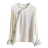 Women Blouse Silk Pleated Embroidery Crew Neck Connect Shoulder Sleeve Hand Button White Retro Top 150