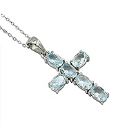 6X4 MM Oval Natural Aquamarine Gemstone 925 Sterling Silver March Birthstone Holy Cross Pendant Necklace Aquamarine Jewelry Proposal Gift For Girlfriend Gift (PD-8296)