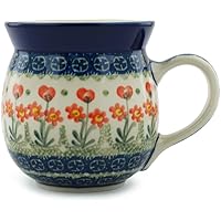 Authentic Polish Pottery Bubble Mug 16 oz in Peach Spring Daisy Design Handmade in Bolesławiec Poland by Ceramika Artystyczna + Certificate of Authenticity