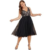 Women Plus Size Floral Lace & Flowy Tulle Tea Length Cocktail Party Dress