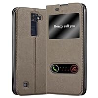 Book Case Compatible with LG K8 2016 in Stone Brown - with Magnetic Closure, 2 Viewing Windows and Stand Function - Wallet Etui Cover Pouch PU Leather Flip
