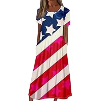 Women Short Sleeve Spring Dress 2024 4th of July Patriotic Long Dress 2024 Summer Casual Boho Dress with Pockets