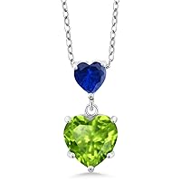 Gem Stone King 925 Sterling Silver Green Peridot and Blue Created Sapphire Double Heart Pendant Necklace for Women (2.11 Cttw, Heart 8MM and 5MM, with 18 Inch Silver Chain)