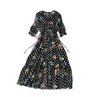 Mulberry Silk Polka Dots Floral Print Romantic Black Midi Dress 2682