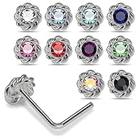 20 Pieces Box Set of Mix Colored Jeweled Twisted Flower Top 22 Gauge 925 Sterling Silver L Shape Nose Stud