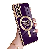 for Samsung Galaxy S21 5G Magnetic Case, Cute Butterfly Plating Edge Case with MagSafe for Women Girls Men Soft TPU Bumper Shockproof Camera Protective Cover for Samsung Galaxy S21-Purple