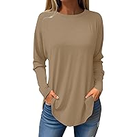 Blouses for Women Dressy Casual,Womens Tops Long Sleeve Solid Color Round Neck Loose Fit T Shirts 2024 Summer Fashion Y2K Tunic Blouse Womens Off The Shoulder Tops