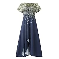 Women's Easter Dresses Casual Printed V-Neck Zip Short Sleeve Paneled Large Long Dress Casual, S-3XL