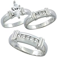 Sterling Silver Cubic Zirconia Trio Engagement Wedding Ring Set for Him and Her 6.5 mm Channel Set Princess, L 5-10 & M 8-14