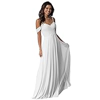 Women's Long Cold Shoulder Pleated Wedding Bridesmaid Dresses Off Shoulder Chiffon Prom Dress White US2