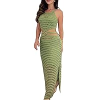 Womens Sexy Sleeveless Lace Crochet Solid Color Hollow Slim Irregular Split Dress Vacation Dress